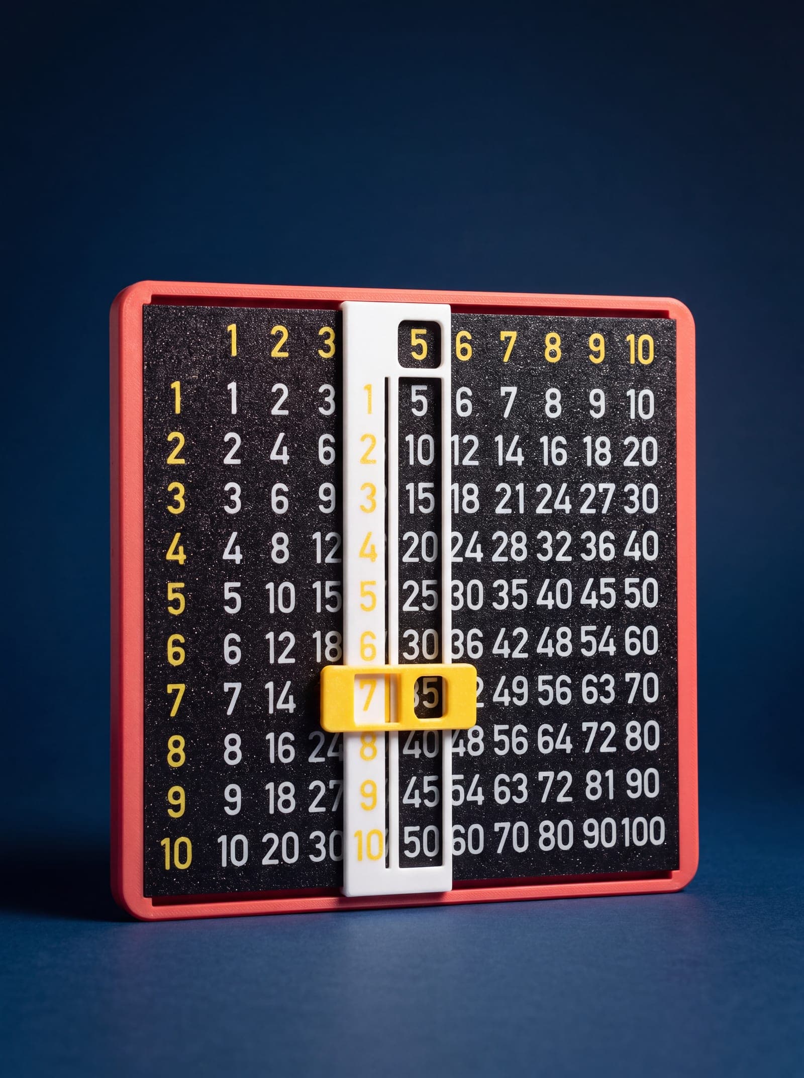 Black sparkle multiplication slider board in a coral frame, slider set to 5 x 7 showing 35